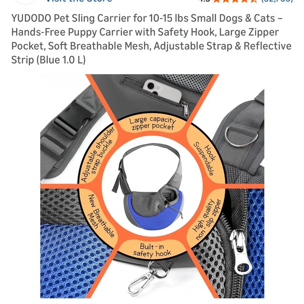 Gray and Blue Pet Sling Carrier for Small Pets